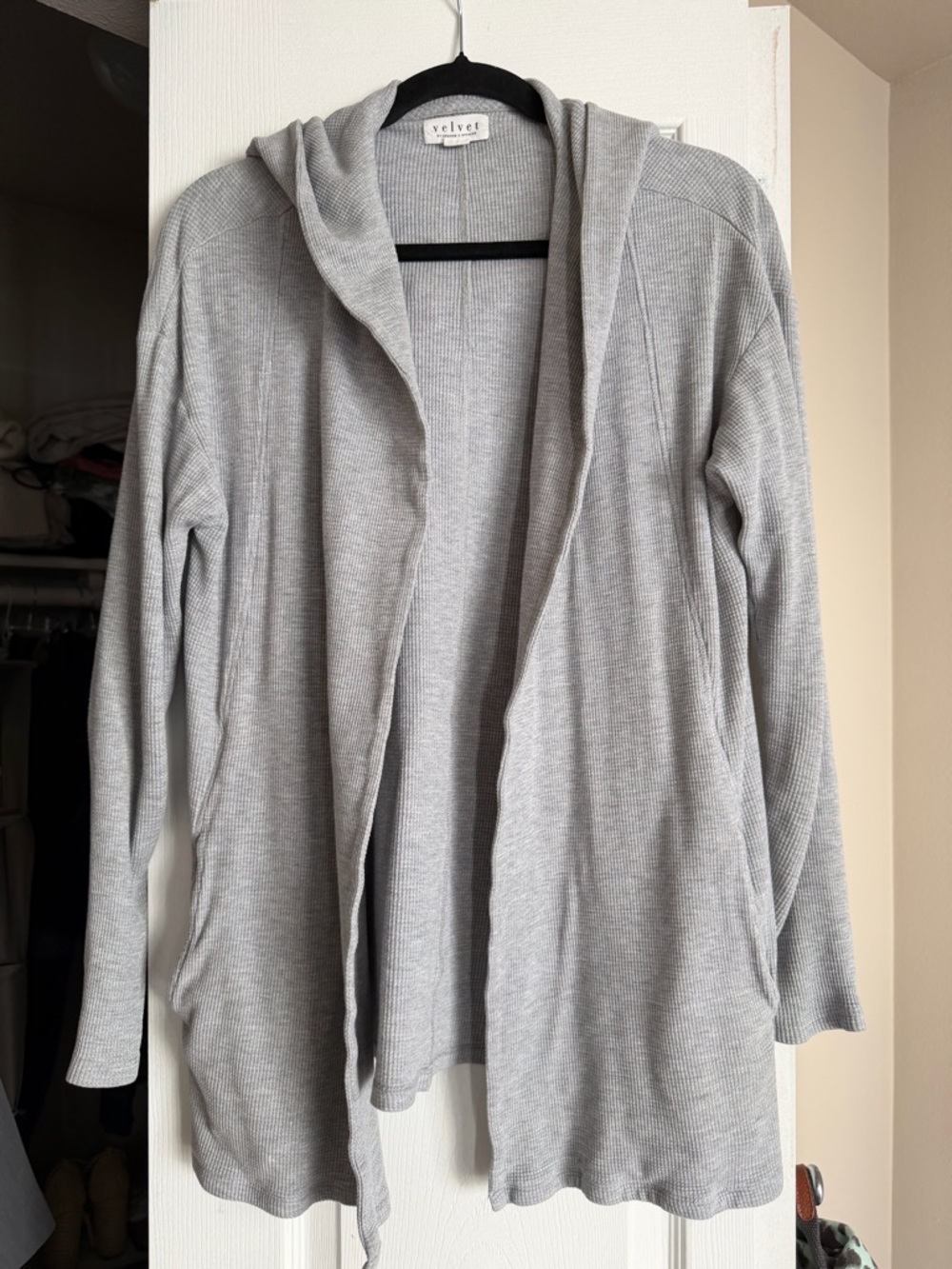 Velvet by Graham & Spencer Light Gray Hooded Open Ribbed Cardigan